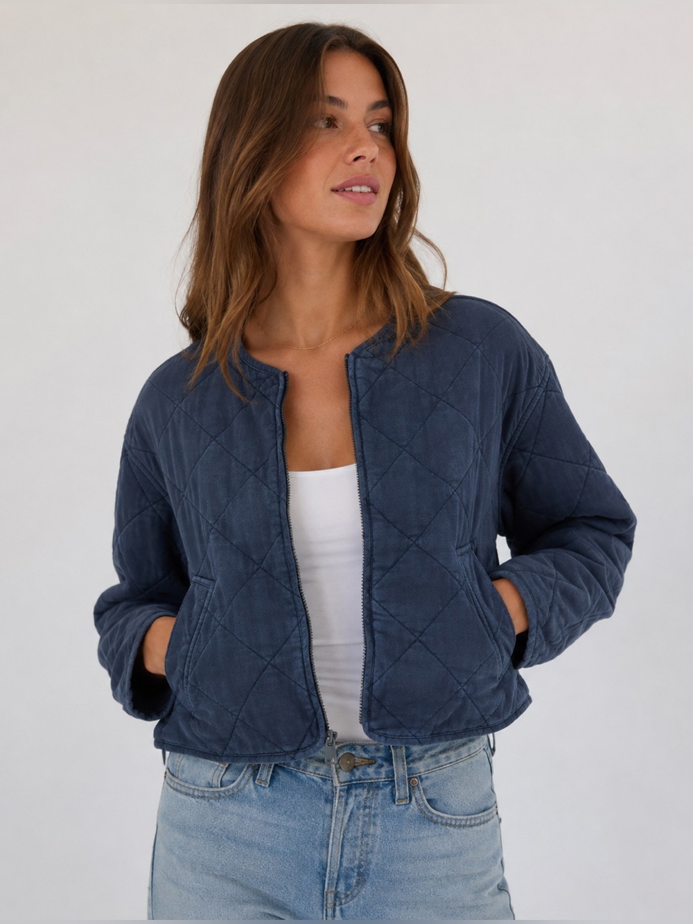 Zara Cropped Quilted Jacket Blue Diamond Stitch Size Medium